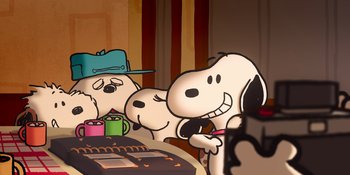 Movie still from “Snoopy Presents: For Auld Lang Syne” (2021), directed by Clay Kaytis – A group of cartoon characters sitting at a table; Extreme Close Up shot, High angle