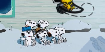 Movie still from “Snoopy Presents: For Auld Lang Syne” (2021), directed by Clay Kaytis – A group of dogs sitting on top of a snow covered ground; Extreme Wide shot, Overhead angle