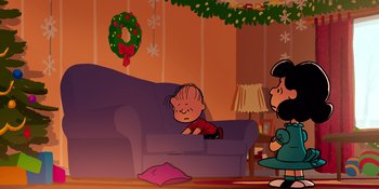 Movie still from “Snoopy Presents: For Auld Lang Syne” (2021), directed by Clay Kaytis – A charlie brown and lucy christmas scene; Extreme Wide shot, High angle