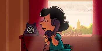 Movie still from “Snoopy Presents: For Auld Lang Syne” (2021), directed by Clay Kaytis – A cartoon of a woman holding a phone up to her ear; Close Up shot, High angle