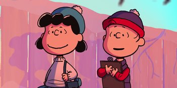 Movie still from “Snoopy Presents: For Auld Lang Syne” (2021), directed by Clay Kaytis – A couple of people standing next to each other; Medium shot, Low angle