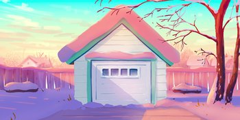 Movie still from “Snoopy Presents: For Auld Lang Syne” (2021), directed by Clay Kaytis – An illustration of a garage with a snow covered roof; Extreme Wide shot, Low angle