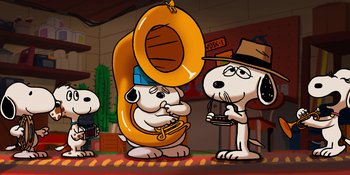 Movie still from “Snoopy Presents: For Auld Lang Syne” (2021), directed by Clay Kaytis – A group of cartoon characters in a room; Extreme Wide shot, High angle