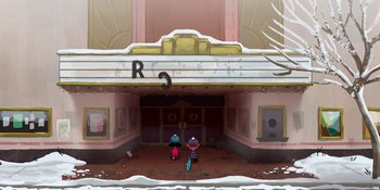 Movie still from “Snoopy Presents: For Auld Lang Syne” (2021), directed by Clay Kaytis – Two people standing in front of an old movie theater; Extreme Wide shot, High angle