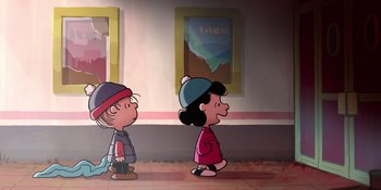 Movie still from “Snoopy Presents: For Auld Lang Syne” (2021), directed by Clay Kaytis – A couple of people standing next to each other on the ground; Extreme Wide shot, High angle