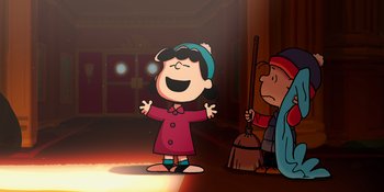 Movie still from “Snoopy Presents: For Auld Lang Syne” (2021), directed by Clay Kaytis – A cartoon picture of a girl in a red coat and hat; Extreme Wide shot, High angle
