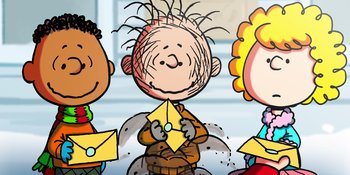 Movie still from “Snoopy Presents: For Auld Lang Syne” (2021), directed by Clay Kaytis – A group of children holding envelopes in their hands; Extreme Close Up shot, Overhead angle