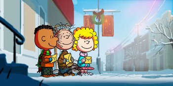 Movie still from “Snoopy Presents: For Auld Lang Syne” (2021), directed by Clay Kaytis – A group of people standing next to each other on the sidewalk; Extreme Wide shot, Low angle