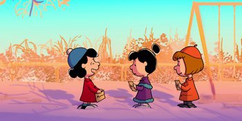 Movie still from “Snoopy Presents: For Auld Lang Syne” (2021), directed by Clay Kaytis – A group of people standing next to each other in the snow; Extreme Wide shot, High angle