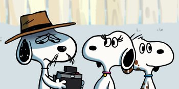 Movie still from “Snoopy Presents: For Auld Lang Syne” (2021), directed by Clay Kaytis – A cartoon of a dog holding a camera next to another dog; Extreme Close Up shot, Over the shoulder angle