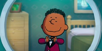 Movie still from “Snoopy Presents: For Auld Lang Syne” (2021), directed by Clay Kaytis – A drawing of a cartoon character wearing a bow tie; Medium shot, High angle