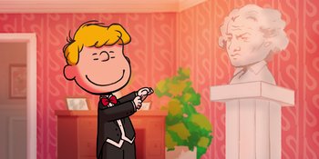 Movie still from “Snoopy Presents: For Auld Lang Syne” (2021), directed by Clay Kaytis – A drawing of a man playing a video game in front of a bust of abraham lincoln; Wide shot, Over the shoulder angle