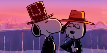Movie still from “Snoopy Presents: For Auld Lang Syne” (2021), directed by Clay Kaytis – A cartoon of a dog wearing a top hat and a tie; Extreme Close Up shot, Low angle