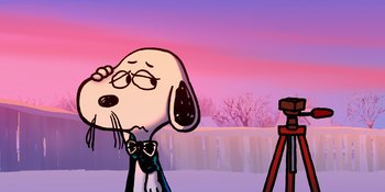 Movie still from “Snoopy Presents: For Auld Lang Syne” (2021), directed by Clay Kaytis – A cartoon of a dog and a cat with a pink sky in the background; Close Up shot, Over the shoulder angle