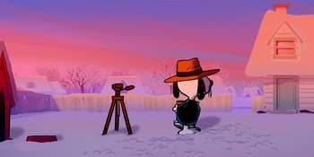 Movie still from “Snoopy Presents: For Auld Lang Syne” (2021), directed by Clay Kaytis – A person with a hat is standing in front of a camera; Extreme Wide shot, High angle