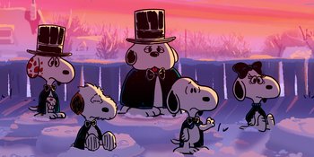 Movie still from “Snoopy Presents: For Auld Lang Syne” (2021), directed by Clay Kaytis – A group of cartoon characters sitting in front of a building; Wide shot, Low angle