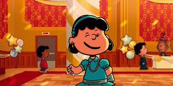 Movie still from “Snoopy Presents: For Auld Lang Syne” (2021), directed by Clay Kaytis – A cartoon of a woman in a blue dress; Extreme Wide shot, Low angle