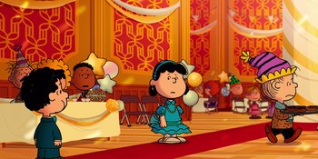 Movie still from “Snoopy Presents: For Auld Lang Syne” (2021), directed by Clay Kaytis – A cartoon of a girl in a blue dress; Extreme Wide shot, High angle