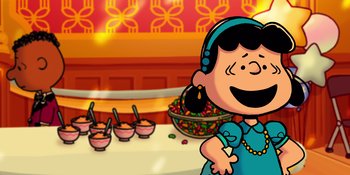 Movie still from “Snoopy Presents: For Auld Lang Syne” (2021), directed by Clay Kaytis – A woman standing in front of a bowl of cereal; Medium shot, High angle