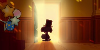 Movie still from “Snoopy Presents: For Auld Lang Syne” (2021), directed by Clay Kaytis – A cartoon of a dog wearing a top hat and standing in front of an open door; Extreme Wide shot, Low angle