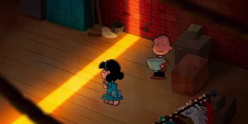 Movie still from “Snoopy Presents: For Auld Lang Syne” (2021), directed by Clay Kaytis – A couple of people that are standing in a room together; Extreme Wide shot, High angle