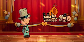 Movie still from “Snoopy Presents: For Auld Lang Syne” (2021), directed by Clay Kaytis – A charlie brown and the peanuts gang are in front of a red curtain; Extreme Wide shot, High angle