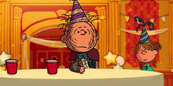 Movie still from “Snoopy Presents: For Auld Lang Syne” (2021), directed by Clay Kaytis – A drawing of a man with a party hat on sitting at a table with a cup; Medium shot, High angle