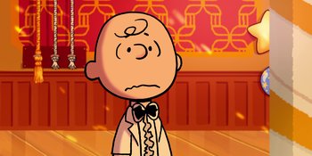 Movie still from “Snoopy Presents: For Auld Lang Syne” (2021), directed by Clay Kaytis – A drawing of a man in a suit and bow tie; Close Up shot, High angle