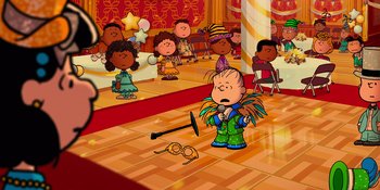 Movie still from “Snoopy Presents: For Auld Lang Syne” (2021), directed by Clay Kaytis – A group of people sitting in front of a mirror; Extreme Wide shot, High angle