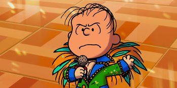 Movie still from “Snoopy Presents: For Auld Lang Syne” (2021), directed by Clay Kaytis – A drawing of a person with a microphone in his hand; Close Up shot, Low angle