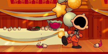 Movie still from “Snoopy Presents: For Auld Lang Syne” (2021), directed by Clay Kaytis – A cartoon of a person in a room with balloons and other decorations; Extreme Wide shot, High angle