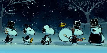 Movie still from “Snoopy Presents: For Auld Lang Syne” (2021), directed by Clay Kaytis – A group of cartoon characters playing musical instruments in the snow at night; Extreme Wide shot, High angle