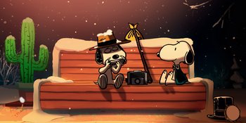 Movie still from “Snoopy Presents: For Auld Lang Syne” (2021), directed by Clay Kaytis – Two dogs sitting on a wooden bench with a camera; Extreme Wide shot, High angle