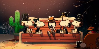 Movie still from “Snoopy Presents: For Auld Lang Syne” (2021), directed by Clay Kaytis – A group of dogs sitting on top of a wooden bench; Extreme Wide shot, High angle