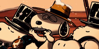 Movie still from “Snoopy Presents: For Auld Lang Syne” (2021), directed by Clay Kaytis – A cartoon of a dog wearing a cowboy hat and holding a cell phone in its mouth; Extreme Close Up shot, Low angle