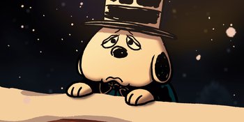 Movie still from “Snoopy Presents: For Auld Lang Syne” (2021), directed by Clay Kaytis – A drawing of a dog wearing a top hat; Medium shot, High angle