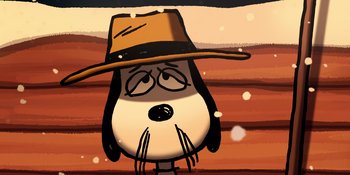Movie still from “Snoopy Presents: For Auld Lang Syne” (2021), directed by Clay Kaytis – A cartoon dog wearing a cowboy hat and looking sad; Extreme Close Up shot, Low angle