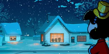 Movie still from “Snoopy Presents: For Auld Lang Syne” (2021), directed by Clay Kaytis – An illustration of a house in the snow; Extreme Wide shot, High angle