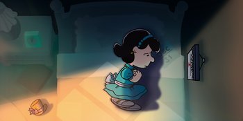 Movie still from “Snoopy Presents: For Auld Lang Syne” (2021), directed by Clay Kaytis – A drawing of a girl in a blue dress kneeling down; Wide shot, High angle