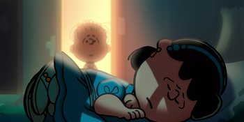 Movie still from “Snoopy Presents: For Auld Lang Syne” (2021), directed by Clay Kaytis – A cartoon character with a person in the background; Extreme Wide shot, High angle