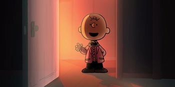Movie still from “Snoopy Presents: For Auld Lang Syne” (2021), directed by Clay Kaytis – A charlie brown character standing next to a doorway; Medium shot, High angle