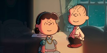 Movie still from “Snoopy Presents: For Auld Lang Syne” (2021), directed by Clay Kaytis – A couple of people that are sitting in a room; Extreme Wide shot, High angle