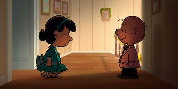 Movie still from “Snoopy Presents: For Auld Lang Syne” (2021), directed by Clay Kaytis – A couple of people standing next to each other in a room; Extreme Wide shot, High angle
