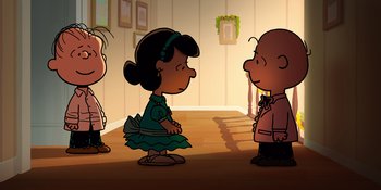 Movie still from “Snoopy Presents: For Auld Lang Syne” (2021), directed by Clay Kaytis – A group of people standing next to each other in a room; Extreme Wide shot, High angle