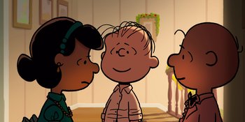 Movie still from “Snoopy Presents: For Auld Lang Syne” (2021), directed by Clay Kaytis – A group of people standing next to each other in a room; Medium shot, High angle