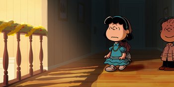 Movie still from “Snoopy Presents: For Auld Lang Syne” (2021), directed by Clay Kaytis – A cartoon of a girl in a blue dress; Extreme Wide shot, High angle