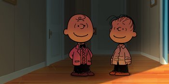 Movie still from “Snoopy Presents: For Auld Lang Syne” (2021), directed by Clay Kaytis – A couple of people standing next to each other on the floor; Medium shot, High angle