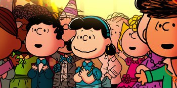 Movie still from “Snoopy Presents: For Auld Lang Syne” (2021), directed by Clay Kaytis – A group of people standing next to each other in a room; Extreme Wide shot, Overhead angle