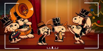 Movie still from “Snoopy Presents: For Auld Lang Syne” (2021), directed by Clay Kaytis – A group of cartoon characters on a stage; Extreme Wide shot, Low angle