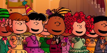 Movie still from “Snoopy Presents: For Auld Lang Syne” (2021), directed by Clay Kaytis – A group of people standing next to each other in costumes; Medium shot, Overhead angle